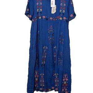 Orange Creek Dress Women M Blue Floral Embroidered Cross Stitch Tiered Prairie